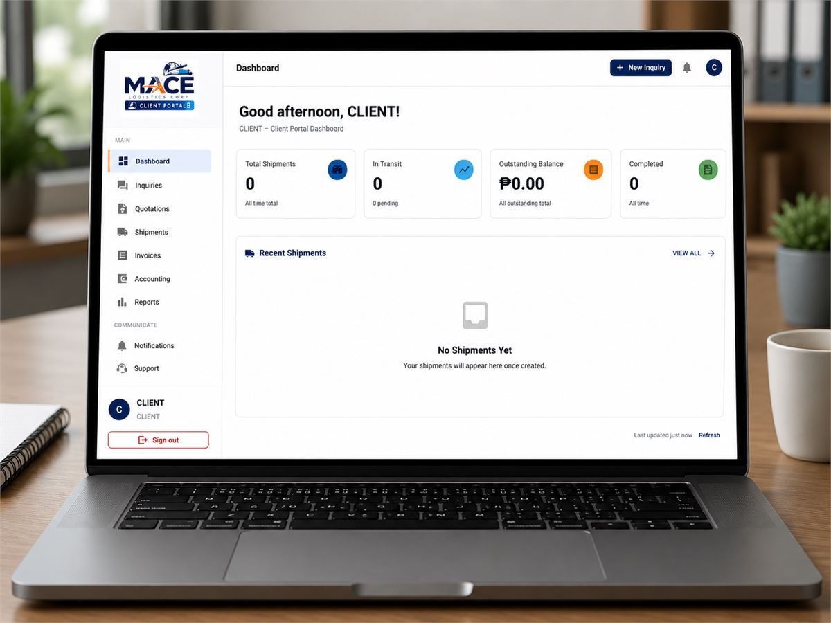 MACE Client Portal dashboard showing shipment counters, recent shipments and outstanding balance