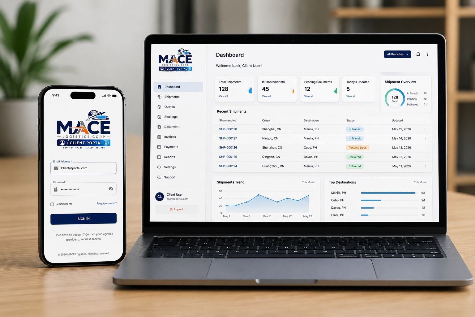 MACE Client Portal dashboard shown on a laptop beside the mobile login screen on a smartphone