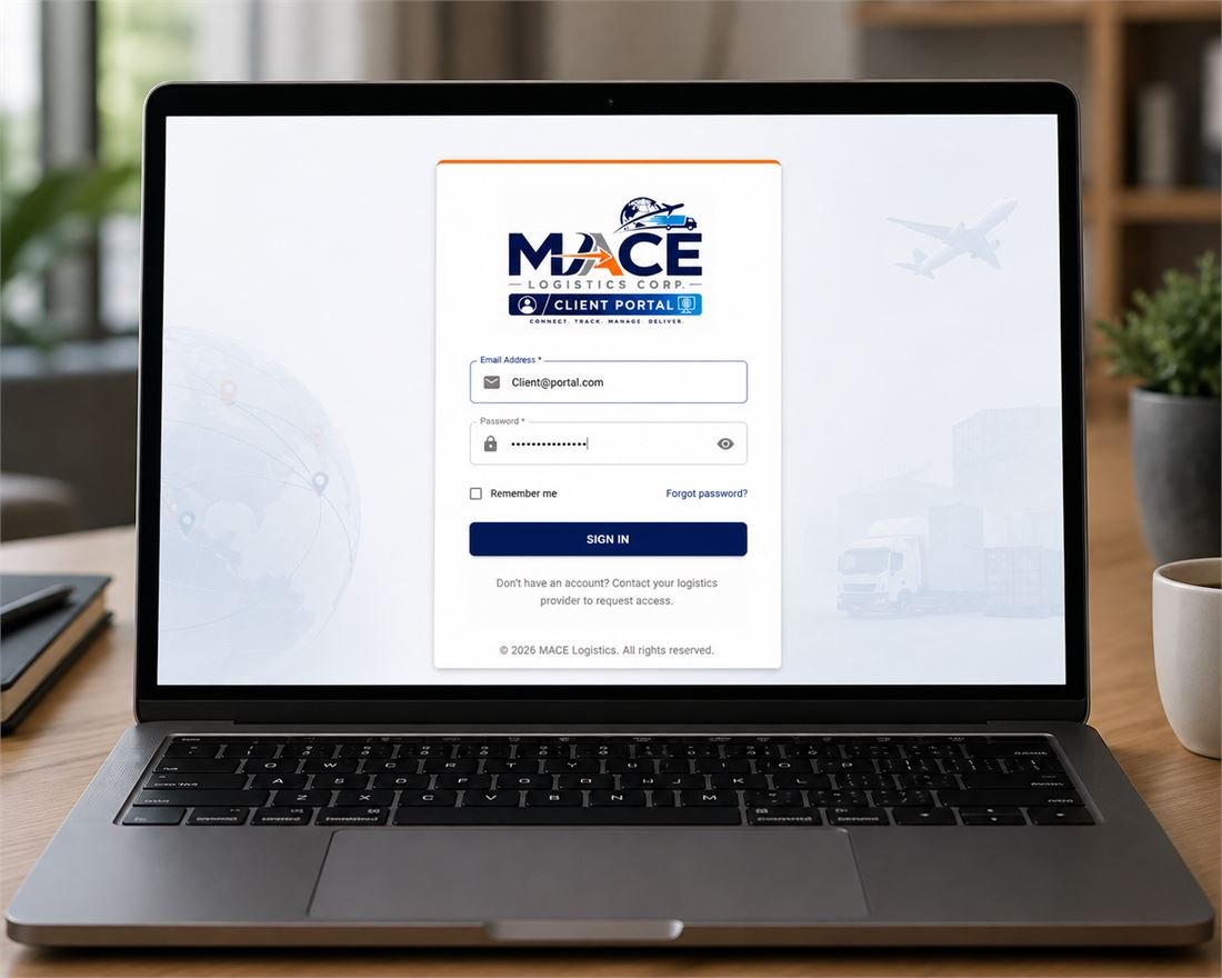 MACE Client Portal sign-in screen displayed on a laptop