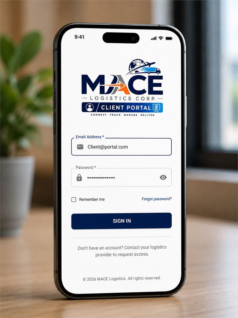 MACE Client Portal sign-in screen on a smartphone